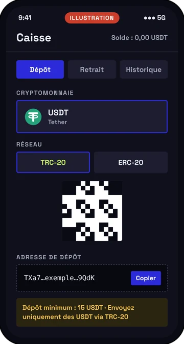 Illustration : caisse de casino, dépôt USDT sur le réseau TRC-20 avec adresse et QR code