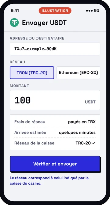 Illustration : portefeuille, envoi de 100 USDT sur le réseau TRON (TRC-20)